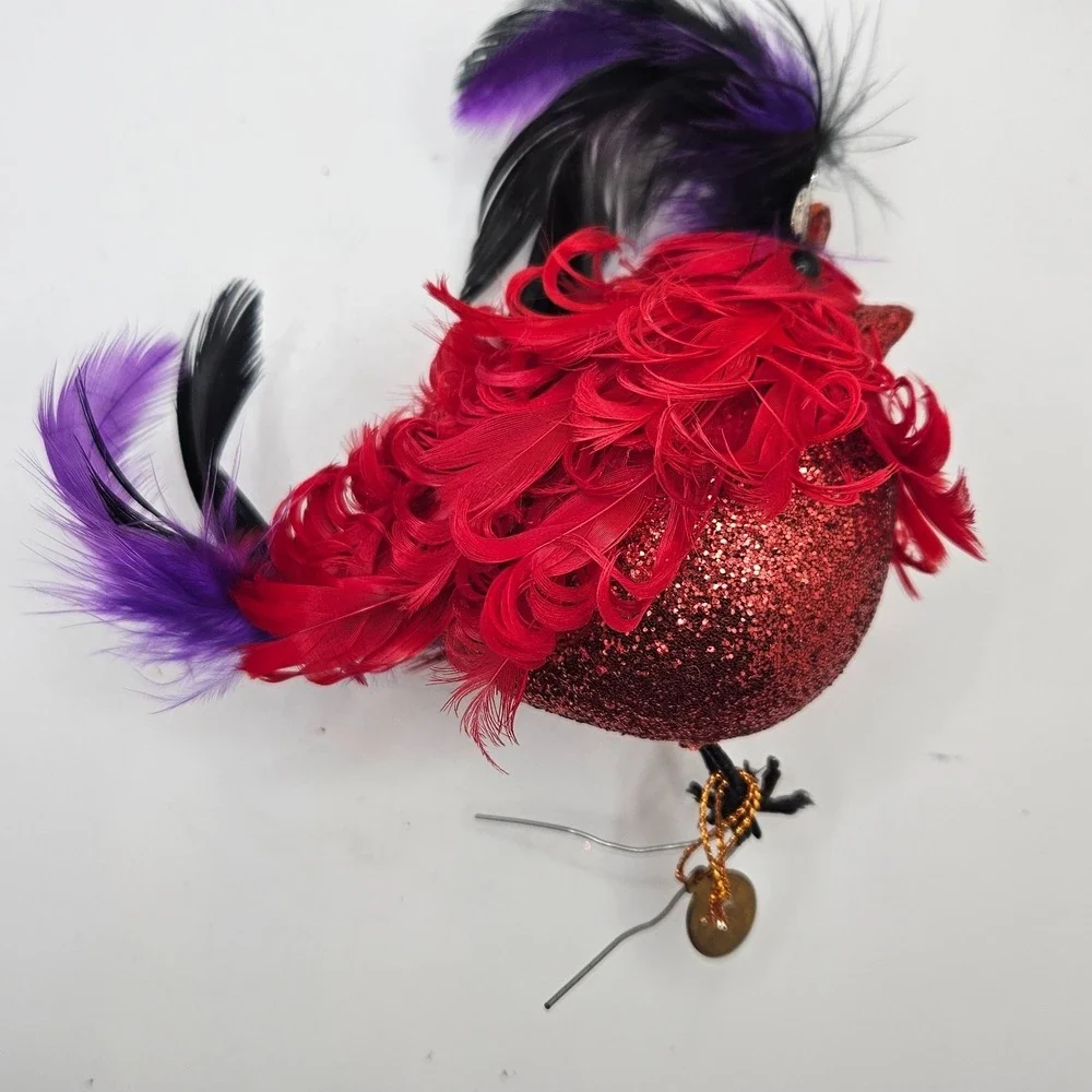 Katherine's Collection Red Feather Bird Ornament Glitter Crown Black Purple‎